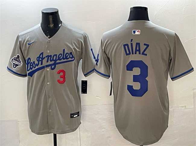 Men's Los Angeles Dodgers #3 Edwin Díaz Grey With 2025 World Series Champions Patch Limited Stitched Baseball Jersey Men's Los Angeles Dodgers #3 Edwin Díaz Grey With 2025 World Series Champions Patch Limited Stitched Baseball Jersey